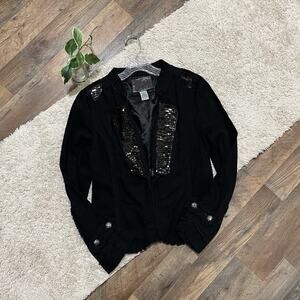 Buckle BKE Large Black Sequin Fringe Raw Seam Edgy Grunge Punk Military Jacket